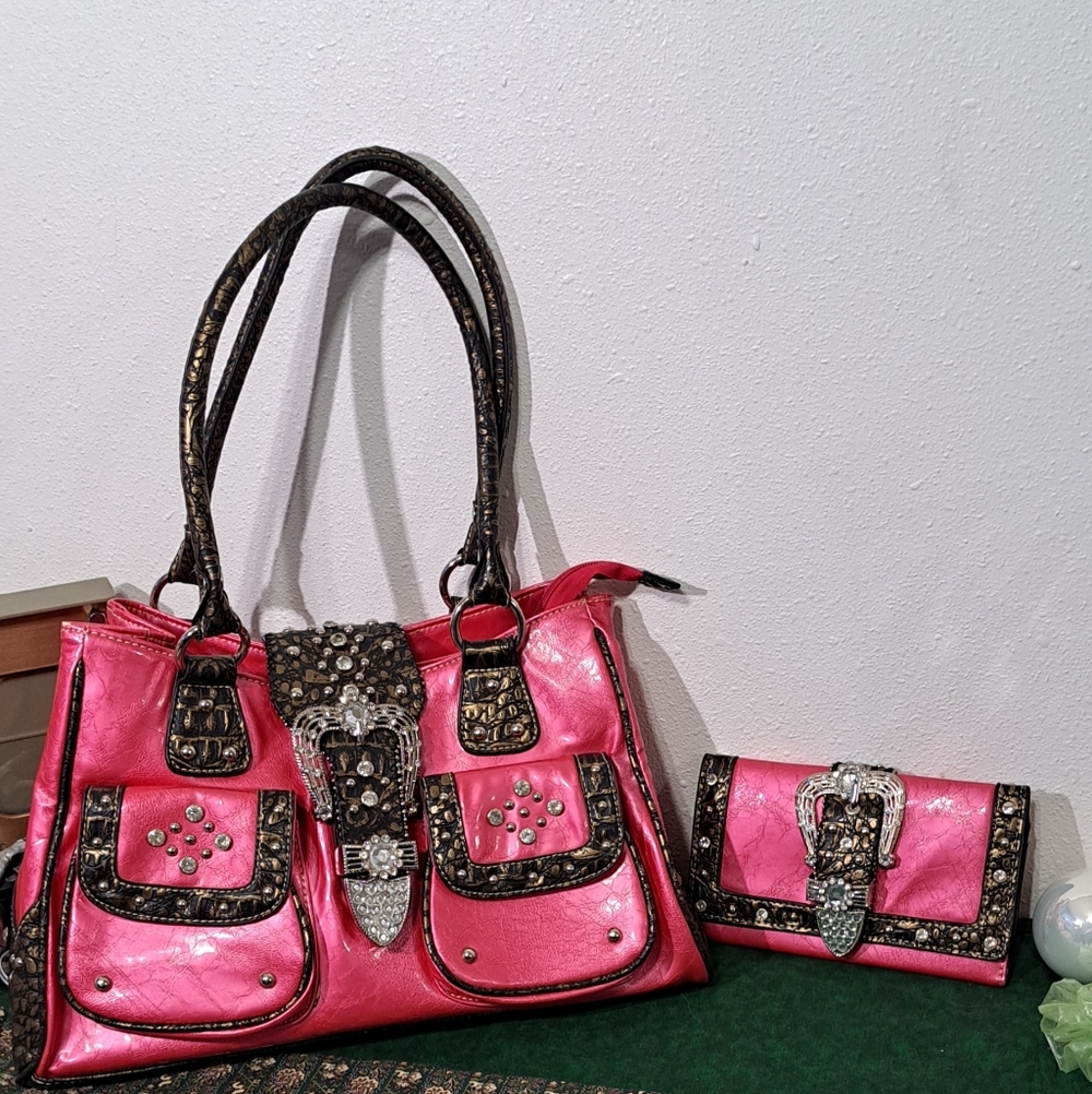 Pink and Black Women's Bag Set